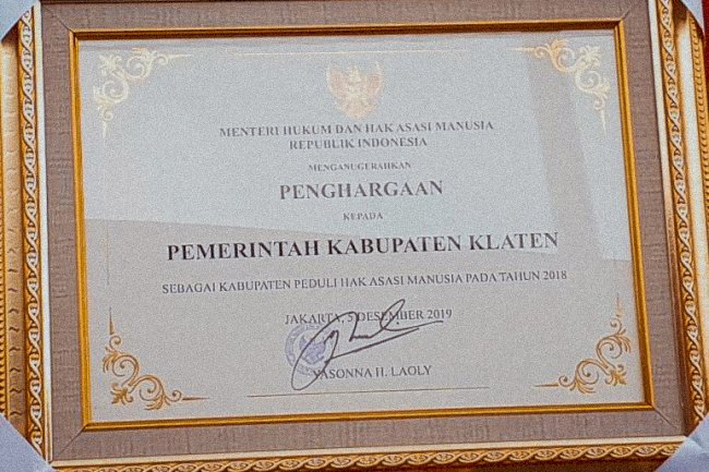 Pemkab Klaten Kembali Raih Penghargaa Kabupaten Peduli HAM
